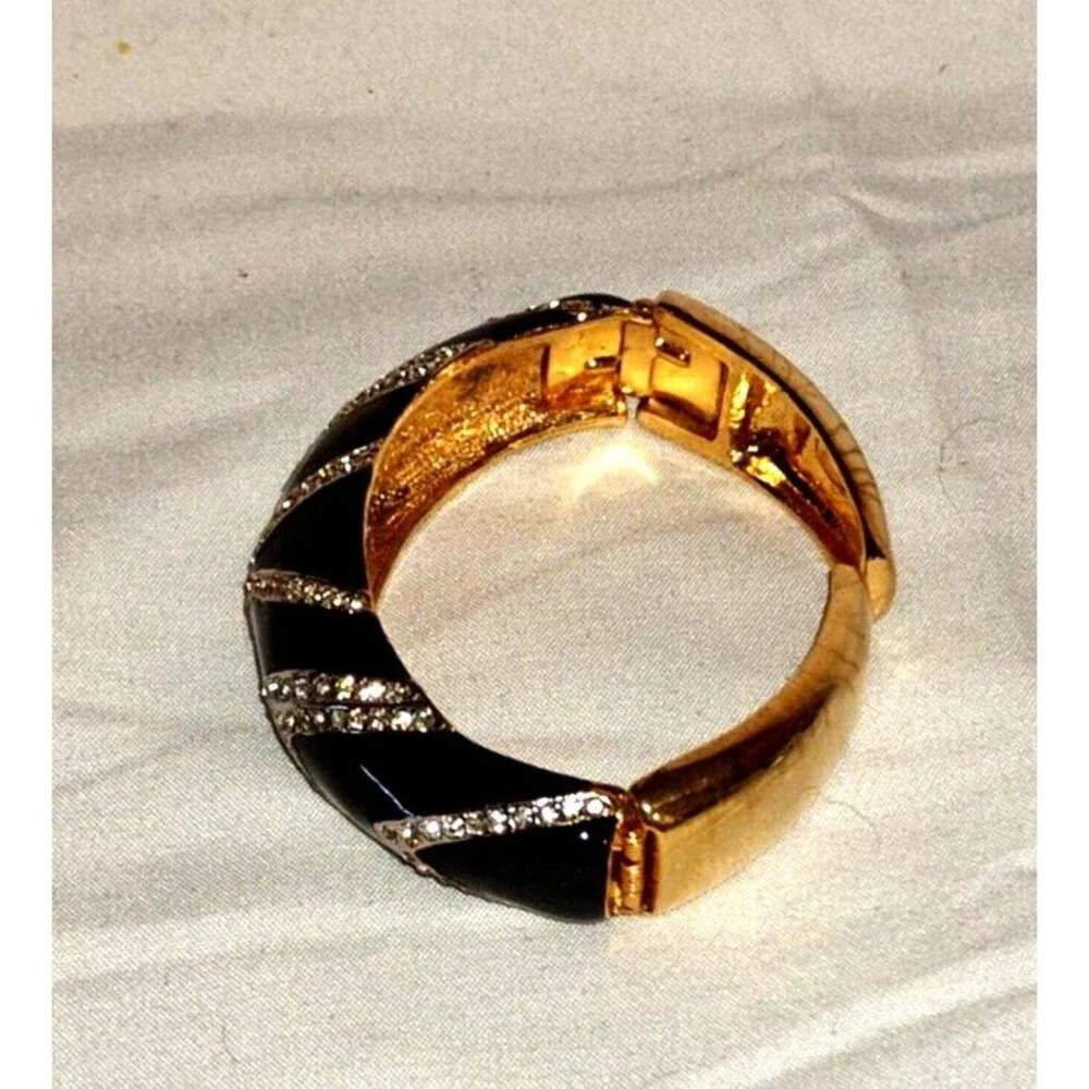 Kenneth Jay Lane KJL Hinged Black Enamel Rhinestone Gold Tone Bracelet - Picture 2 of 5